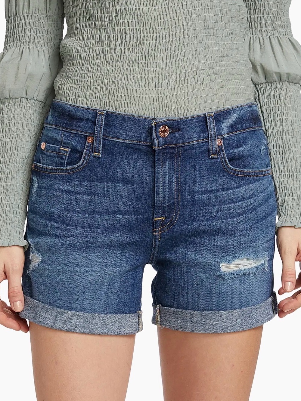 7 For All Mankind Mid Roll Distressed Denim Blue Jean Shorts size 31 MSRP $168 - Picture 10 of 11